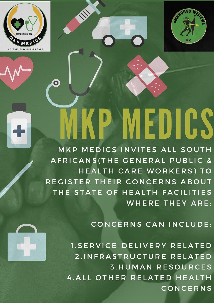 MKP MEDICS is, as of today, engaged in a process to compile a report of all health care concerns that are faced by South Africa.

Kindly register your concerns as a (1) patriotic citizen who wishes to see change in the health facility you visit; (2) healthcare worker who deals