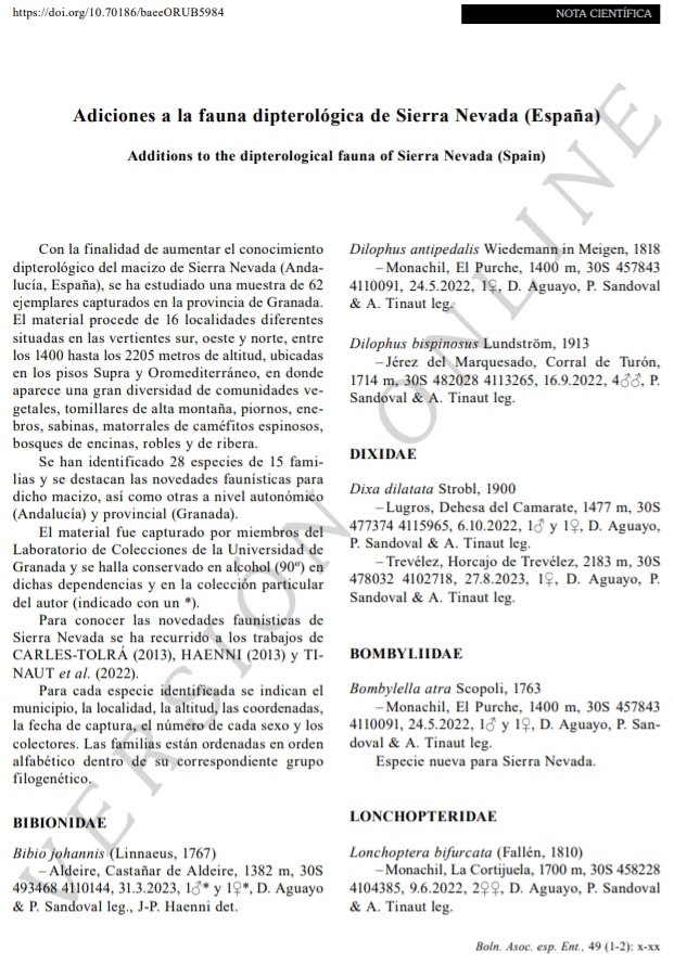 Disponibles online 2 interesantes nuevas notas publicadas en el Boletín de la Asociación española de Entomología

Nueva Nota: Adiciones a la fauna dipterológica de Sierra Nevada (España)

ENLACE: entomologica.es/publicaciones-…