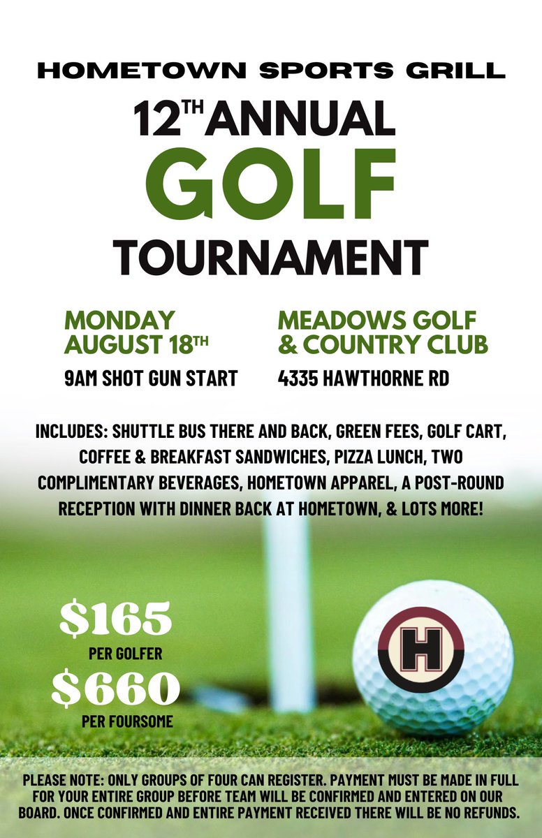 It’s that time of year! Hometown Sports Grill’s 12th Annual Golf Tournament is going down Monday, August 18th at Meadows Golf &amp; Country Club! ⛳️

Spots are limited and filling FAST—call now to reserve your foursome! 📞✅

#hometownsportsg #ottawaeats