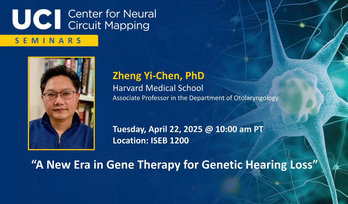 UCI_NeurCircuit's tweet image. Excited to announce Zheng Yi-Chen (Harvard Medical school) as our next speaker!
📢“A New Era in Gene Therapy for Genetic Hearing Loss"
🗓️April 22 @ 10 AM - 11 AM
📍ISEB 1200
forms.gle/Uf9tPHe8TUsYA1…
