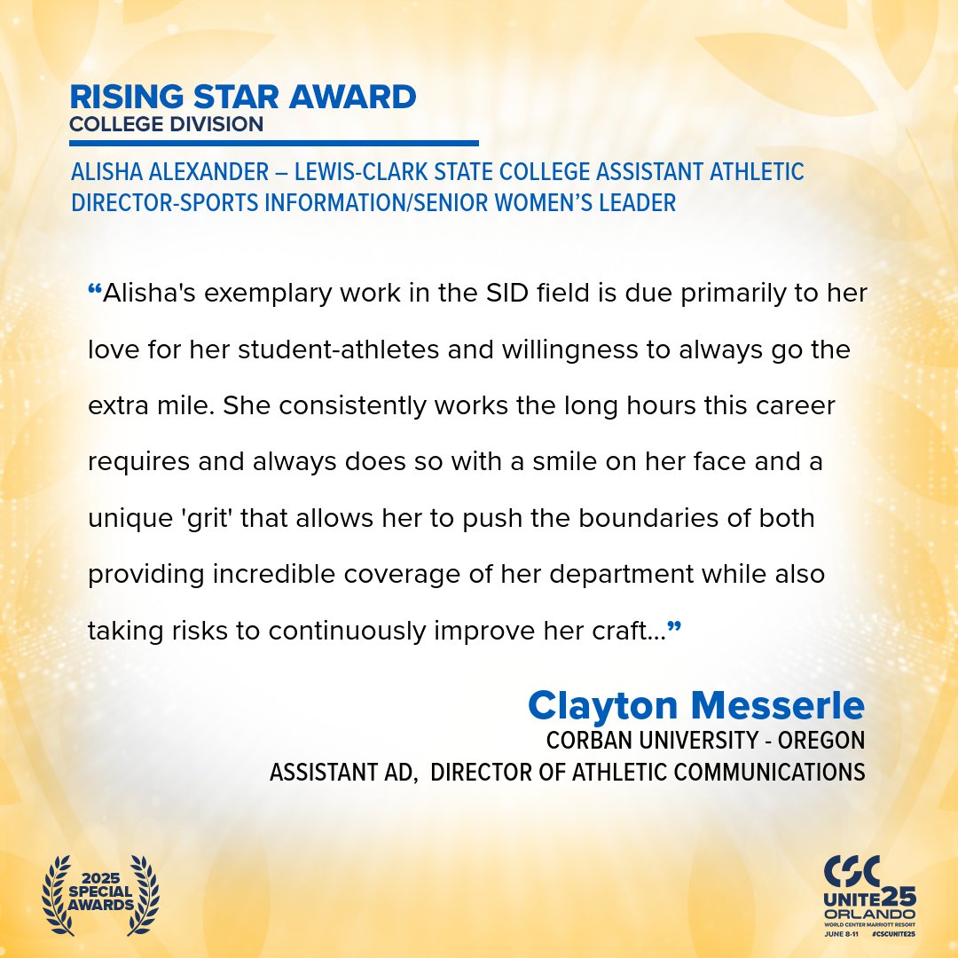College Sports Communicators (@collsportscomm) on Twitter photo Clayton Messerle (<a href="/claytonmesserle/">Clayton Messerle</a>), Assistant Athletic Director/SID for @corbanathletics, on 2025 CSC Rising Star Award College Division recipient Alisha Alexander (<a href="/lishabug24/">Alisha Alexander</a>) of <a href="/LCWarriors/">LC State Warriors</a>: Clayton Messerle (<a href="/claytonmesserle/">Clayton Messerle</a>), Assistant Athletic Director/SID for @corbanathletics, on 2025 CSC Rising Star Award College Division recipient Alisha Alexander (<a href="/lishabug24/">Alisha Alexander</a>) of <a href="/LCWarriors/">LC State Warriors</a>: