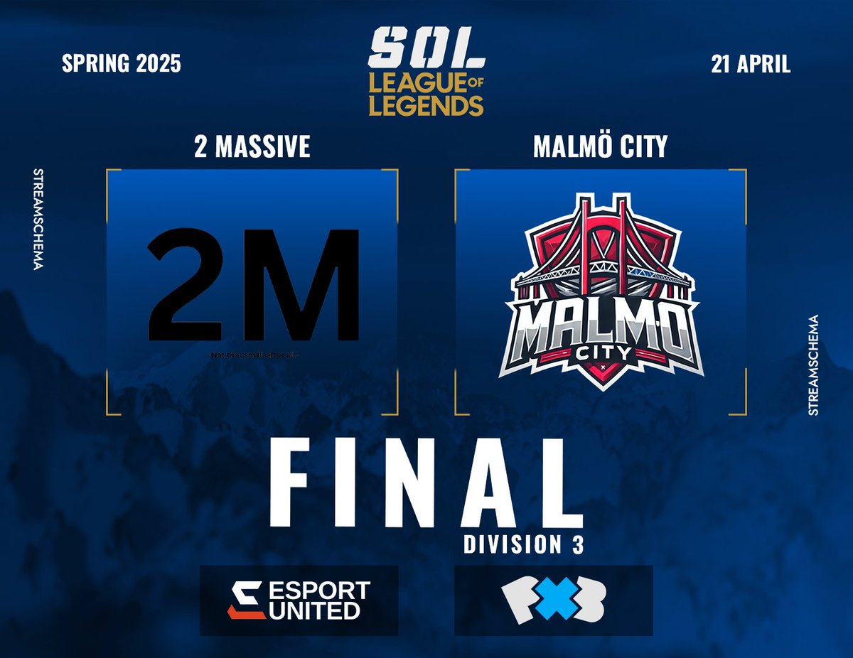 📢 SOL LoL Spring 2025 | FINAL Division 3

19:30 | BO3 | MATCH 2 | 2 MASSIVE 🆚 MALMÖ CITY

HAR DU MISSAT ATT VI ÄR LIVE? GÅ MED I STREAMEN, NU! 👇

🎙️ <a href="/r0bzk1/">robzki</a> &amp; <a href="/hat_casts/">hatten</a> 
📺twitch.tv/svenskaonlinel…