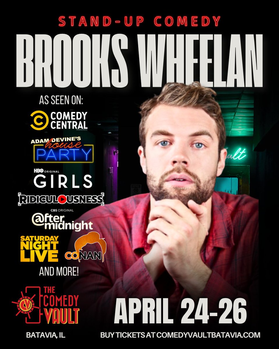 Comedy Vault (@comedy_vault) on Twitter photo <a href="/brookswheelan/">Brooks Wheelan</a> is heading back to The Comedy Vault this weekend for 3 nights and 5 hilarious shows.
Lock in your tickets here: comedyvaultbatavia.com/events/111692
#brookswheelan #livecomedy #standupcomedy #bataviail <a href="/brookswheelan/">Brooks Wheelan</a> is heading back to The Comedy Vault this weekend for 3 nights and 5 hilarious shows.
Lock in your tickets here: comedyvaultbatavia.com/events/111692
#brookswheelan #livecomedy #standupcomedy #bataviail
