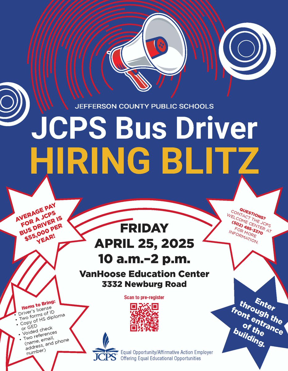 🚍 BUS DRIVER HIRING BLITZ | Join us THIS FRIDAY, April 25 for a Bus Driver Hiring Blitz to learn more about this rewarding profession and apply on site!

Pre-register here: docs.google.com/forms/d/e/1FAI… #WeAreJCPS