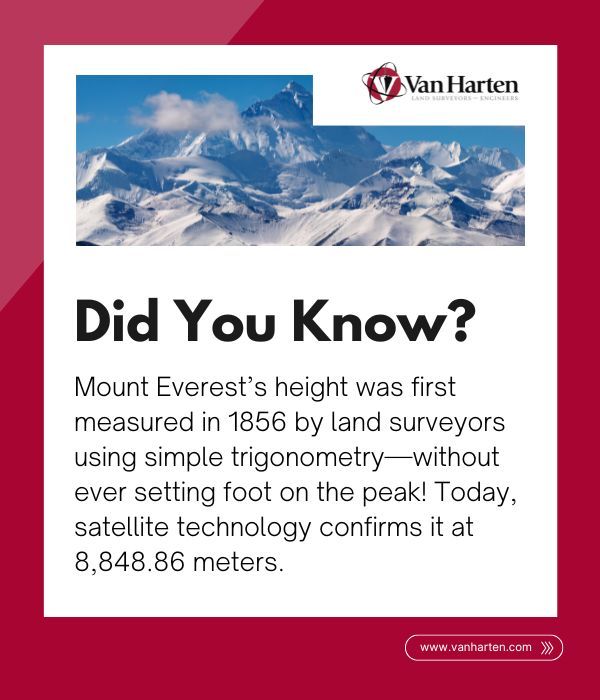 🏔️ Did You Know?

In 1856, surveyors measured Mount Everest’s height using simple trigonometry—without setting foot on the peak! Today, satellite tech confirms it at 8,848.86m. 📡

Surveying = Precision! 🔍

#VanHarten #SurveyingExperts #Engineering