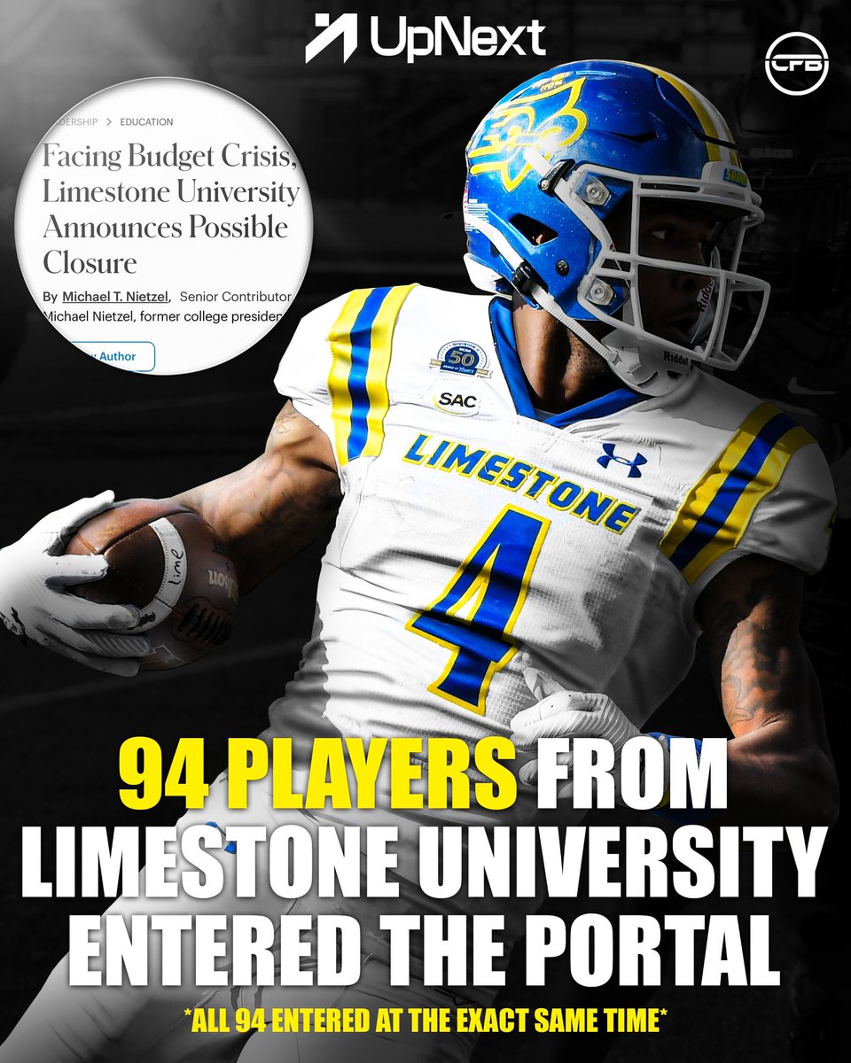 UpNextTransfer's tweet image. Due to financial reasons, Limestone University had 94 players enter the transfer portal at the exact same time. (113 total) 

Coaches: check out every one of their profiles on UpNext today for FREE. @UpNextCoaches 

Immediate impact players ready to make a difference this fall 💪