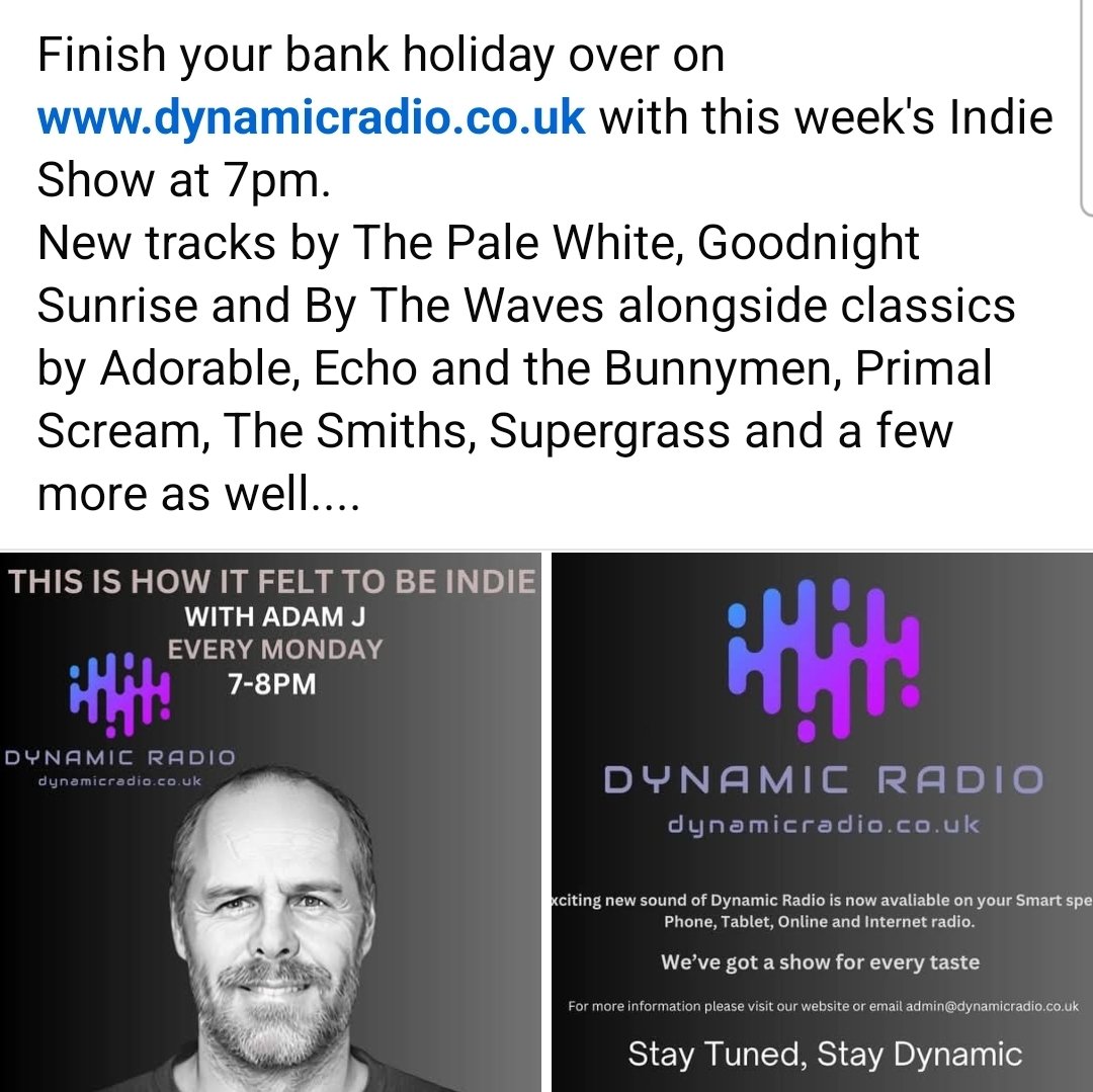Back at 7pm with this week's Indie Show only on dynamicradio.co.uk. 
This week we have new tracks from <a href="/thepalewhite/">The Pale White</a> , <a href="/gnsrband/">🌚 Goodnight Sunrise 🌝</a> and <a href="/ByTheWavesBand/">By The Waves</a> plus loads more music for you to enjoy...👇👇