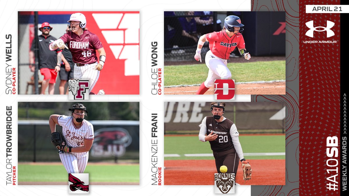 Atlantic 10 Conference (@atlantic10) on Twitter photo 🥎Under Armour #A10SB Weekly Awards 🥎
CO-PLAYER: Sydney Wells | <a href="/FordhamSoftball/">Fordham Softball</a>
CO-PLAYER: Chloe Wong | <a href="/FlyerSoftball/">Dayton Softball</a>
PITCHER: Taylor Trowbridge | <a href="/SJUHawks_SB/">SJU Hawks Softball</a>
ROOKIE: Mackenzie Frani | <a href="/BonniesSoftball/">Bonnies Softball</a>
atlantic10.com/news/2025/4/21… 🥎Under Armour #A10SB Weekly Awards 🥎
CO-PLAYER: Sydney Wells | <a href="/FordhamSoftball/">Fordham Softball</a>
CO-PLAYER: Chloe Wong | <a href="/FlyerSoftball/">Dayton Softball</a>
PITCHER: Taylor Trowbridge | <a href="/SJUHawks_SB/">SJU Hawks Softball</a>
ROOKIE: Mackenzie Frani | <a href="/BonniesSoftball/">Bonnies Softball</a>
atlantic10.com/news/2025/4/21…