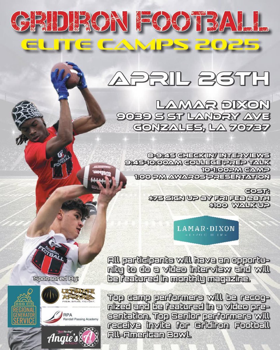 It’s Camp Week! We will have a camp at Lamar Dixon Expo Center in Gonzales, Louisiana this Saturday on April 26th! 

Players will get interviewed, filmed, get evaluated for the 2025 Gridiron Football All-American Bowl Game, and most importantly, will be in our next Magazine