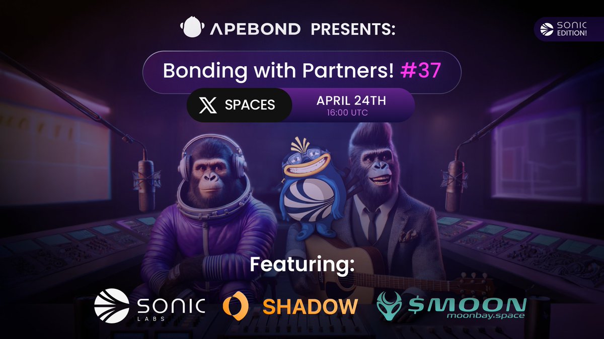 Bonding with Partners: <a href="/SonicLabs/">Sonic</a> Edition is coming! 🎙️🤝

Join us this Thursday for an exciting episode featuring <a href="/SonicLabs/">Sonic</a>, <a href="/ShadowOnSonic/">Shadow Exchange x(3,3) 💥</a>, and <a href="/MoonBaySonic/">MoonBay 🌙 $Moon</a>!

Set your reminder and come meet our newest partners! 🔥
🗓️ Thursday the 24th at 16:00 UTC
➡️ apebond.click/BwP-37