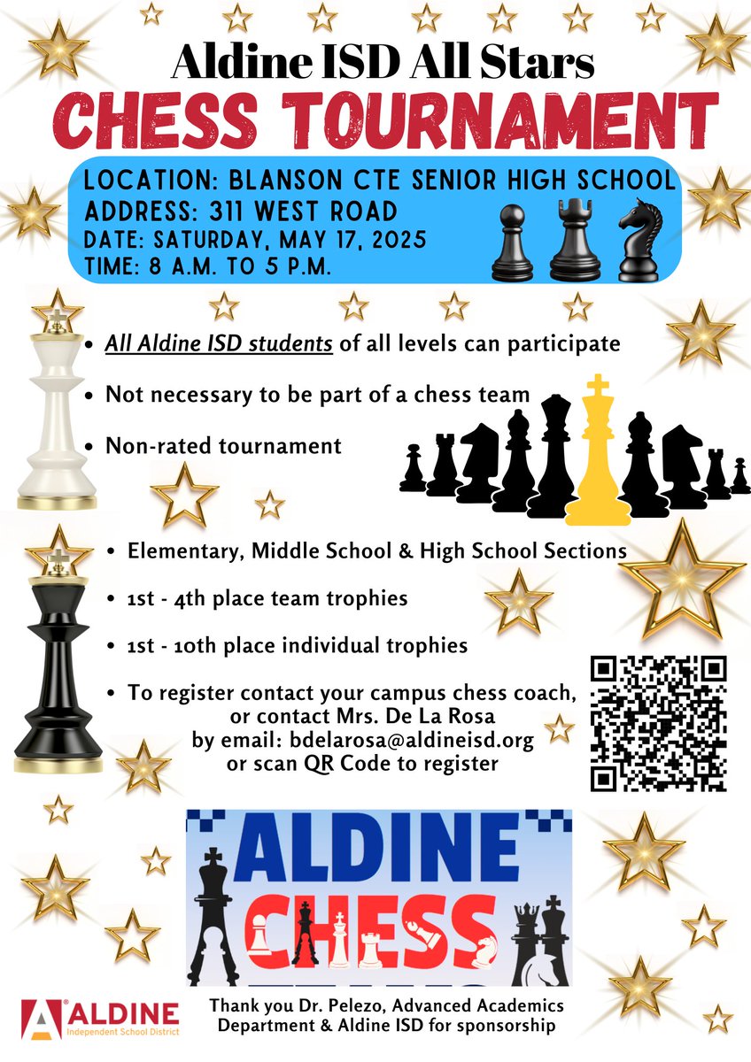 Betzi De La Rosa (@betziedelarosa) on Twitter photo The Aldine District Chess tourney is FREE & open to all <a href="/AldineISD/">Aldine ISD</a> students, everyone is welcome to join the fun, challenge themselves, and show off their strategic skills. Players, register TODAY! <a href="/BlansonCTEHS/">Blanson CTE HS</a> <a href="/AldineGATEway/">AldineISD Advanced Academics</a> <a href="/MelodyBenson/">Melody Benson</a> <a href="/Aldine_FACE/">Aldine ISD Family and Community Engagement</a> The Aldine District Chess tourney is FREE & open to all <a href="/AldineISD/">Aldine ISD</a> students, everyone is welcome to join the fun, challenge themselves, and show off their strategic skills. Players, register TODAY! <a href="/BlansonCTEHS/">Blanson CTE HS</a> <a href="/AldineGATEway/">AldineISD Advanced Academics</a> <a href="/MelodyBenson/">Melody Benson</a> <a href="/Aldine_FACE/">Aldine ISD Family and Community Engagement</a>