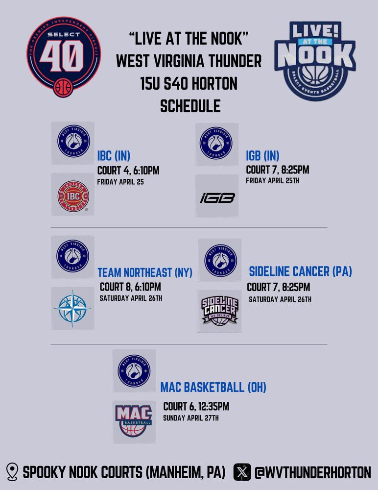Brooklyn Crim (@brooklyncrim25) on Twitter photo Can’t wait to play in Manheim, Pennsylvania this weekend with my <a href="/WVThunderHorton/">West Virginia Thunder S40 Horton</a> team!! Live period is starting, so come check us out at Spooky Nook🔥🔥
<a href="/SelectEventsBB/">Select Events Basketball</a>
<a href="/WVaThunderRiego/">West Virginia Thunder Riego</a>
<a href="/CoachGHorton/">Gavin Horton</a>
<a href="/dannyriego/">Danny Riego</a>
<a href="/M14hoopsindy/">M14Hoops Indy</a> Can’t wait to play in Manheim, Pennsylvania this weekend with my <a href="/WVThunderHorton/">West Virginia Thunder S40 Horton</a> team!! Live period is starting, so come check us out at Spooky Nook🔥🔥
<a href="/SelectEventsBB/">Select Events Basketball</a>
<a href="/WVaThunderRiego/">West Virginia Thunder Riego</a>
<a href="/CoachGHorton/">Gavin Horton</a>
<a href="/dannyriego/">Danny Riego</a>
<a href="/M14hoopsindy/">M14Hoops Indy</a>