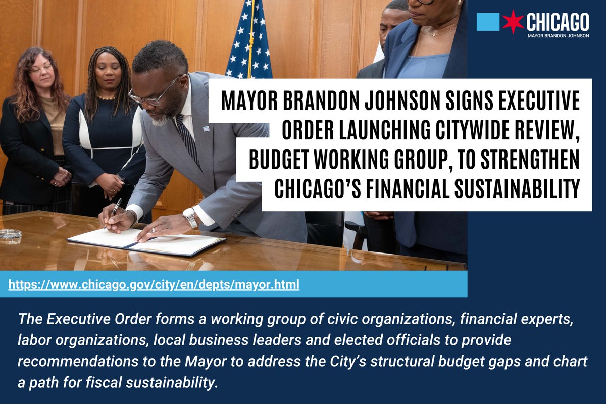 ChicagosMayor's tweet image. Executive Order 2025-1 confronts our structural deficit head-on. By ensuring diverse voices have a seat at the table, we're building a fiscally sustainable path forward rooted in equity, expertise and collaboration.