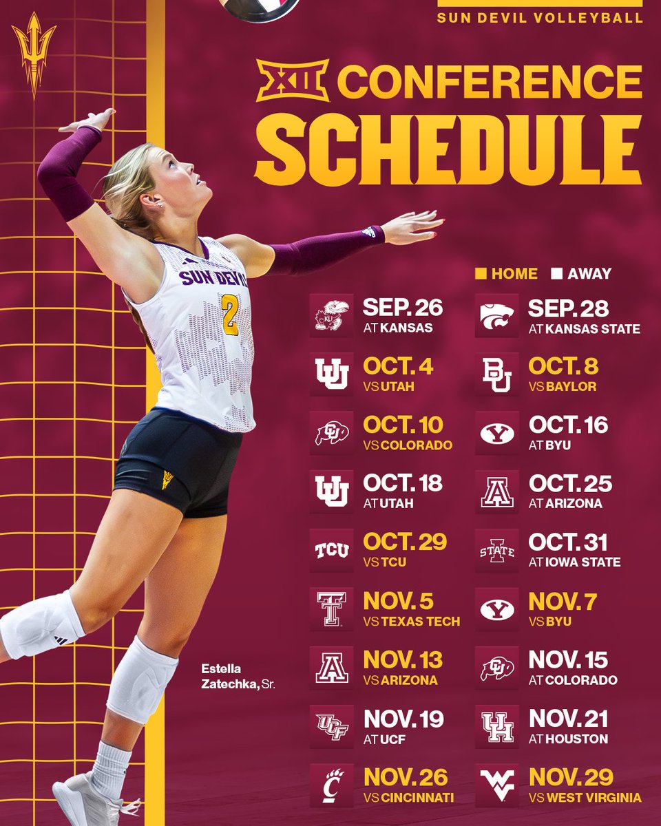 Sun Devil Volleyball (@sundevilvb) on Twitter photo π¨ CONFERENCE SCHEDULE IS HERE π¨
Our second season in the <a href="/Big12Conference/">Big 12 Conference</a> starts on the road at Kansas π
#ForksUp π¨ CONFERENCE SCHEDULE IS HERE π¨
Our second season in the <a href="/Big12Conference/">Big 12 Conference</a> starts on the road at Kansas π
#ForksUp