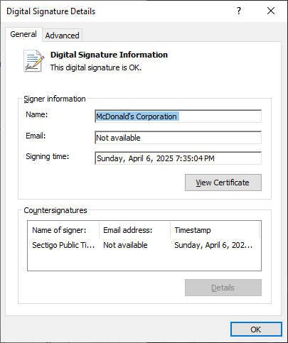 tangent65536's tweet image. Mimikatz with a valid signature from... McDonald&apos;s? When did McDelivery put mimikatz on their menu?!

(Sample SHA1: 2E33DFC94B8B2AFFF1CA73AF9516F0D649DF0282)