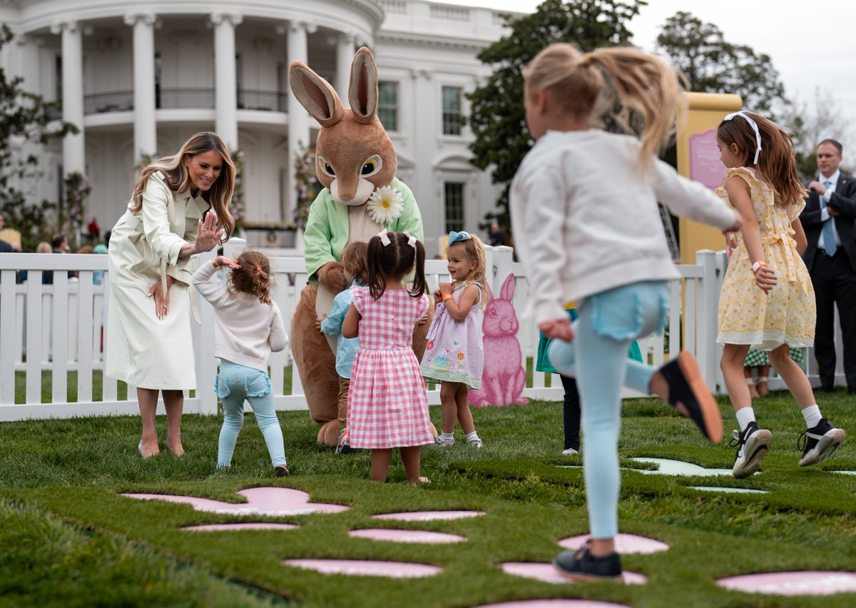 Doug Mills (@dougmillsnyt) on Twitter photo .<a href="/FLOTUS/">First Lady Melania Trump</a> gives children high fives as they play “Hopscotch” during the 2025 White House Easter Egg Roll on the South Lawn of the White House. .<a href="/FLOTUS/">First Lady Melania Trump</a> gives children high fives as they play “Hopscotch” during the 2025 White House Easter Egg Roll on the South Lawn of the White House.