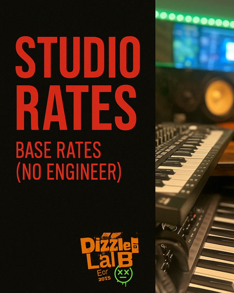 dalevirgo's tweet photo. 📢 STUDIO TIME THAT FITS YOUR BUDGET!
Base rates at The Dizzle Lab (no engineer):
• 2hr: $100
• 3hr: $150
• 4hr: $200
• Full day: $240
Engineer available: $40/hr
🎵 Book now: (856) 395-7771
#dzlrecords #LAStudio #NoHo https://t.co/kDe6PsPqaO