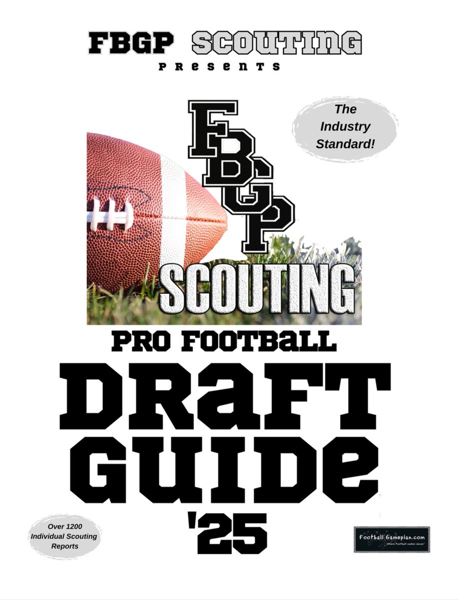 Emory Hunt (@fballgameplan) on Twitter photo Itโs #NFLDraft week! Get the <a href="/FBGPScouting/">FBGPScouting</a> โ25 Draft Guide.
Over 1,200 individual scouting reports
Positional break down๐๐พ
QB: 95
RB: 145
WR: 197
TE: 74
OT: 73
G: 71
C: 43
DE: 30
EDGE: 58
DT: 61
NT: 21
OLB: 59
ILB: 36
CB: 181
S: 105
CFL draft: 53
Order: footballgameplan.com/2025DrafGuide Itโs #NFLDraft week! Get the <a href="/FBGPScouting/">FBGPScouting</a> โ25 Draft Guide.
Over 1,200 individual scouting reports
Positional break down๐๐พ
QB: 95
RB: 145
WR: 197
TE: 74
OT: 73
G: 71
C: 43
DE: 30
EDGE: 58
DT: 61
NT: 21
OLB: 59
ILB: 36
CB: 181
S: 105
CFL draft: 53
Order: footballgameplan.com/2025DrafGuide