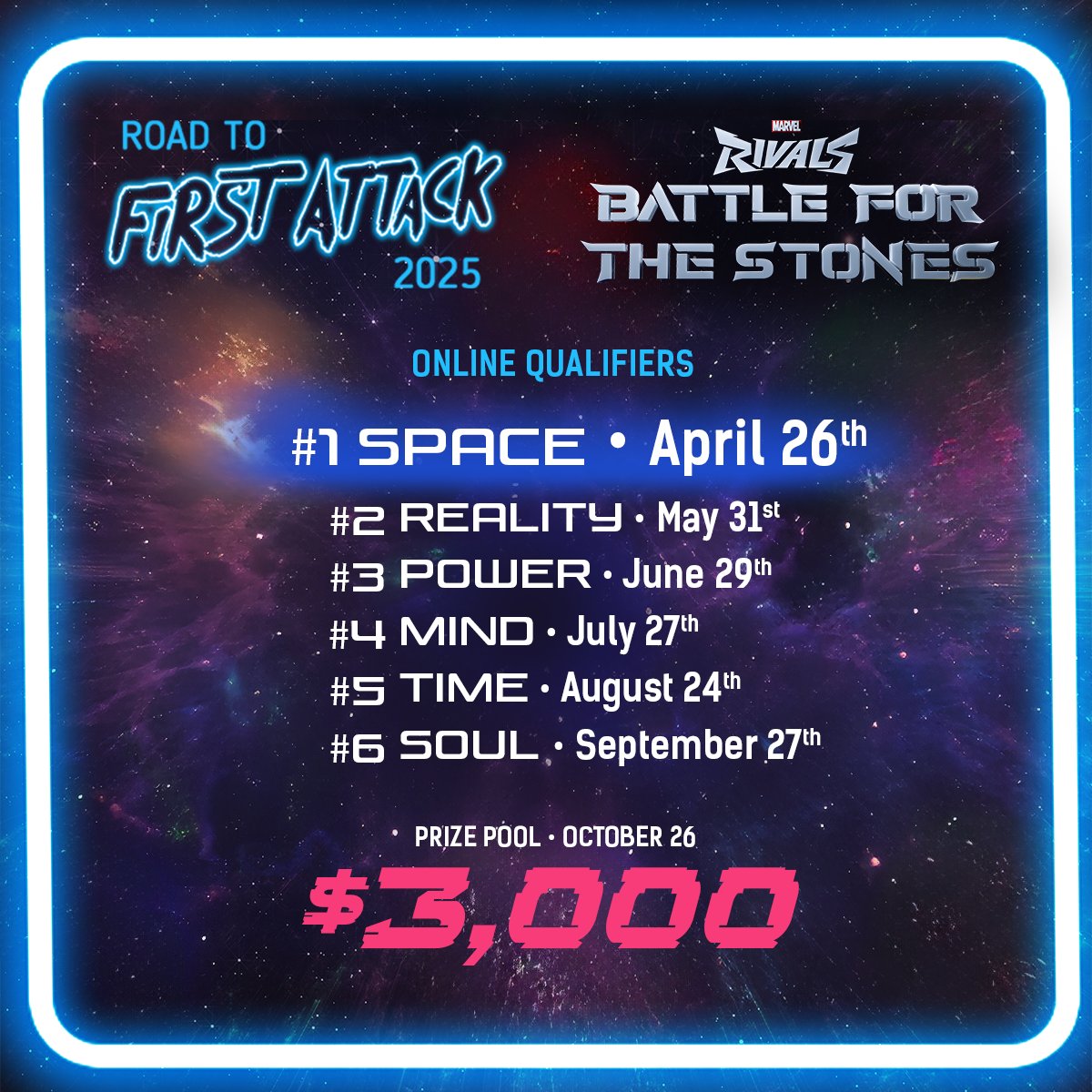This week we kick off our 1st #BattleForTheStones Online Qualifier for #MarvelRivals. 

Registrations available until April 25th.

link: start.gg/bftsrtfa 

The winner will automatically qualify for the Final at #FA2025 with a Prize Pool of $3,000.

Register Now!