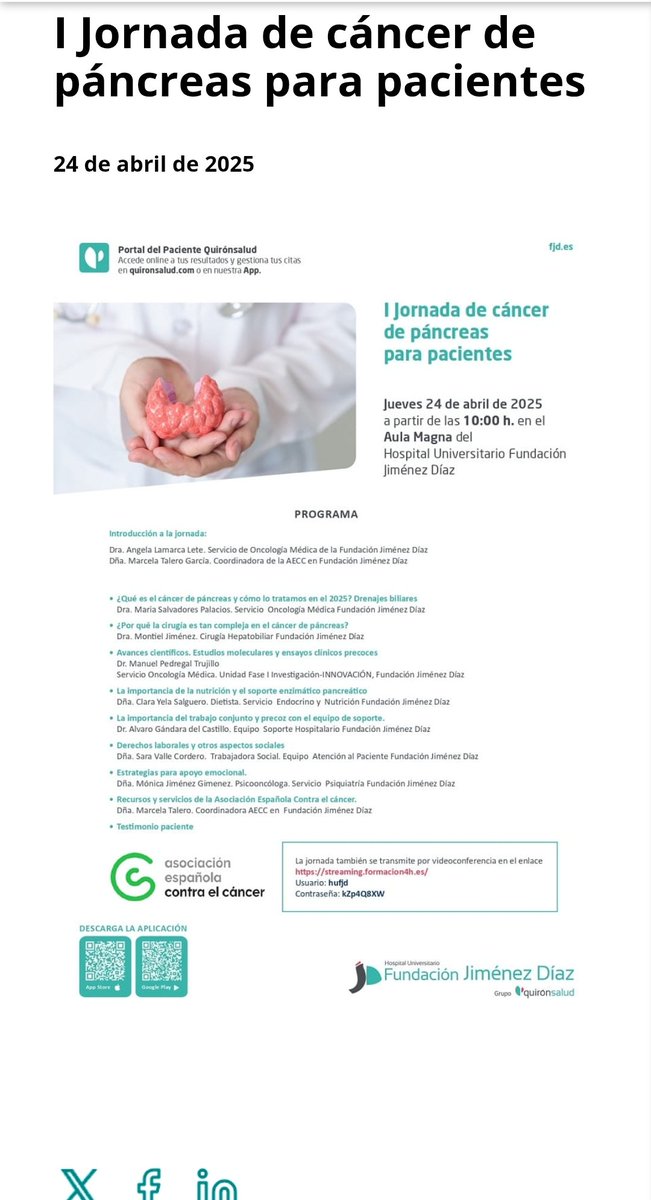 Montiel Jiménez, MD., PhD., FEBS EmSurg, FEBS HPB (@montieljf) on Twitter photo Este jueves 24 de Abril tendrá lugar en el @Hospital🏥 la I Jornada de Cáncer de Páncreas para Pacientes. Te animamos a unirte a nosotros presencialmente o vía on-line😷🩺 <a href="/DrAngelaLamarca/">Angela Lamarca</a> <a href="/GarciaOlmoD/">Damian Garcia-Olmo, Professor of Surgery</a> <a href="/h_guadalajara/">Hector Guadalajara</a> <a href="/aecirujanos/">aecirujanos</a> <a href="/ContraCancerEs/">Asociación Española Contra el Cáncer</a> <a href="/aecirujanos/">aecirujanos</a> <a href="/cirujanayhumana/">Cirujana y Humana</a> Este jueves 24 de Abril tendrá lugar en el @Hospital🏥 la I Jornada de Cáncer de Páncreas para Pacientes. Te animamos a unirte a nosotros presencialmente o vía on-line😷🩺 <a href="/DrAngelaLamarca/">Angela Lamarca</a> <a href="/GarciaOlmoD/">Damian Garcia-Olmo, Professor of Surgery</a> <a href="/h_guadalajara/">Hector Guadalajara</a> <a href="/aecirujanos/">aecirujanos</a> <a href="/ContraCancerEs/">Asociación Española Contra el Cáncer</a> <a href="/aecirujanos/">aecirujanos</a> <a href="/cirujanayhumana/">Cirujana y Humana</a>