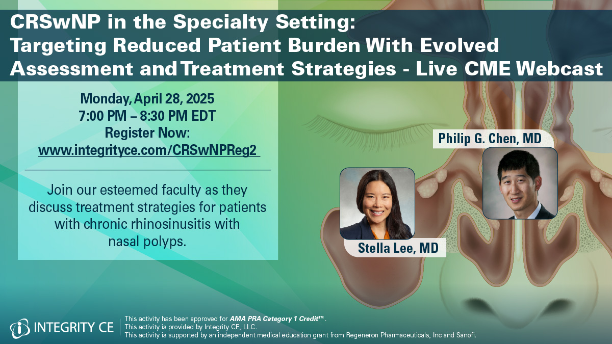 Integrity CE, LLC (@integrityce) on Twitter photo π¨ NEXT WEEK! Register now: bit.ly/43GitJs
π¬ #CRSwNP treatment strategies
π₯ Dr. Stella Lee & Dr. Philip G. Chen
π
 Monday, April 28, 2025
π 7:00 PM EDT
#MedEd #FOAMed π¨ NEXT WEEK! Register now: bit.ly/43GitJs
π¬ #CRSwNP treatment strategies
π₯ Dr. Stella Lee & Dr. Philip G. Chen
π
 Monday, April 28, 2025
π 7:00 PM EDT
#MedEd #FOAMed