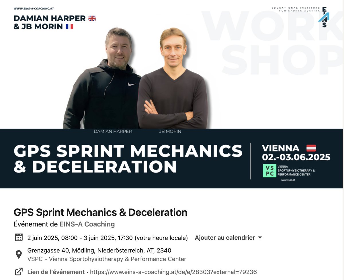 JB Morin (@jb_morin) on Twitter photo Join <a href="/DHMov/">Damian Harper, PhD</a> & myself for 2-day Workshop on Acceleration⚡️& Deceleration⚡️in Vienna🇦🇹June 2-3!
Theory, practice, experience sharing in🏀🏈⚽️🎾🏒🏉
Register <a href="/CoachingEins/">EINS-A Coaching</a> 1or2 days, key point = focus on GPS as a measurement basis 📡🛰️📊🧑🏻💻
See you!🎯
👇
eins-a-coaching.at/de/e/gps-sprin… Join <a href="/DHMov/">Damian Harper, PhD</a> & myself for 2-day Workshop on Acceleration⚡️& Deceleration⚡️in Vienna🇦🇹June 2-3!
Theory, practice, experience sharing in🏀🏈⚽️🎾🏒🏉
Register <a href="/CoachingEins/">EINS-A Coaching</a> 1or2 days, key point = focus on GPS as a measurement basis 📡🛰️📊🧑🏻💻
See you!🎯
👇
eins-a-coaching.at/de/e/gps-sprin…