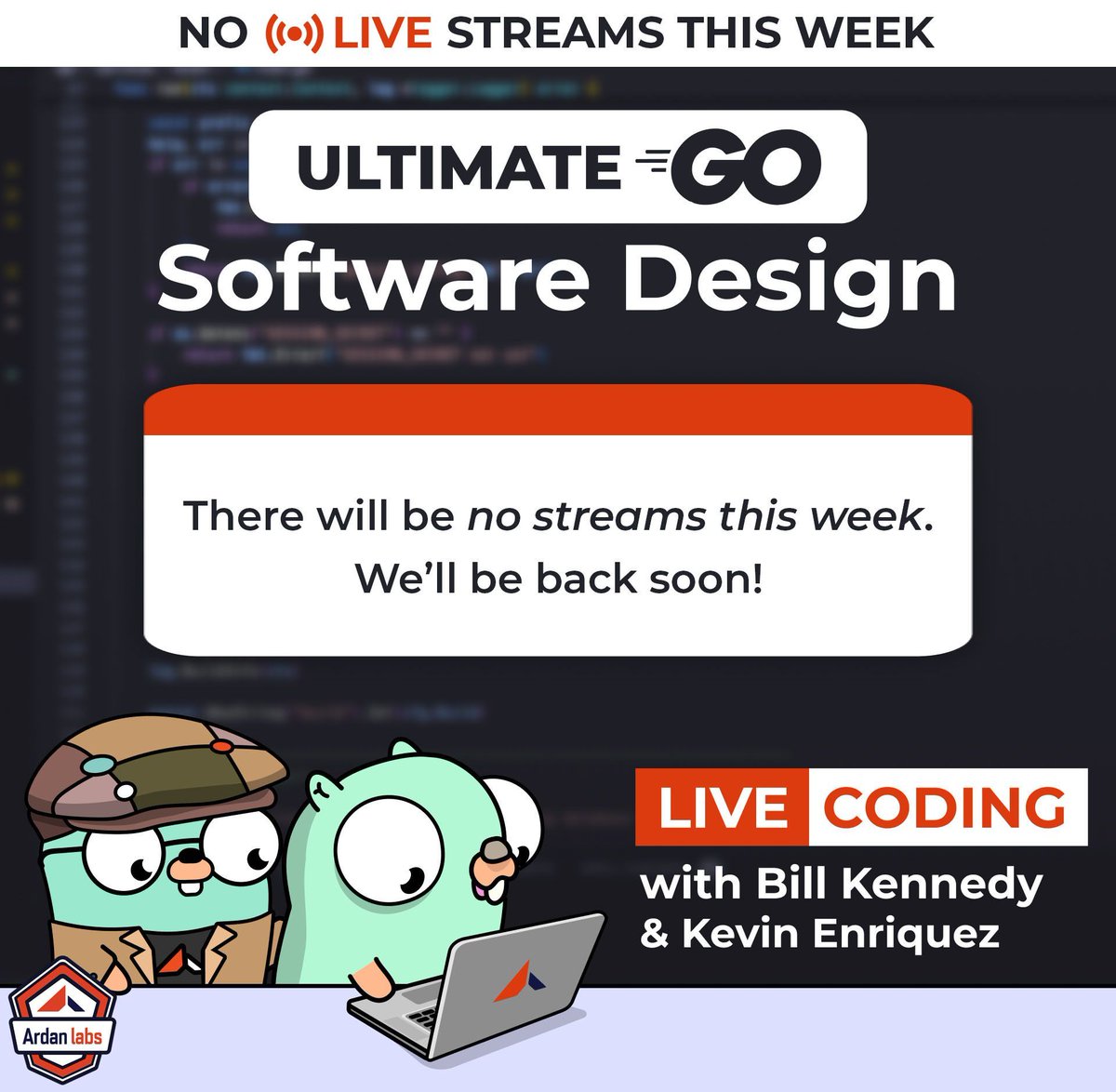ardanlabs's tweet image. 📢Update: No #SoftwareDesign Live streams this week.

Our usual sessions with @goinggodotnet &amp;amp; @KEnriquez21 are canceled this week, but we’ll be back soon!

🎥In the meantime, catch up on all 22 past episodes here → bit.ly/3CShDOS

#golang #SoftwareDesignLive