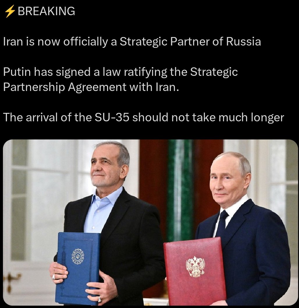 Asked Grok is this true and what it means:🧐
The Iran-Russia Strategic Partnership Agreement, signed January 17, 2025, has significant implications. 

Militarily, it strengthens ties through joint exercises, technology sharing, and potential Iranian acquisitions like Russian air