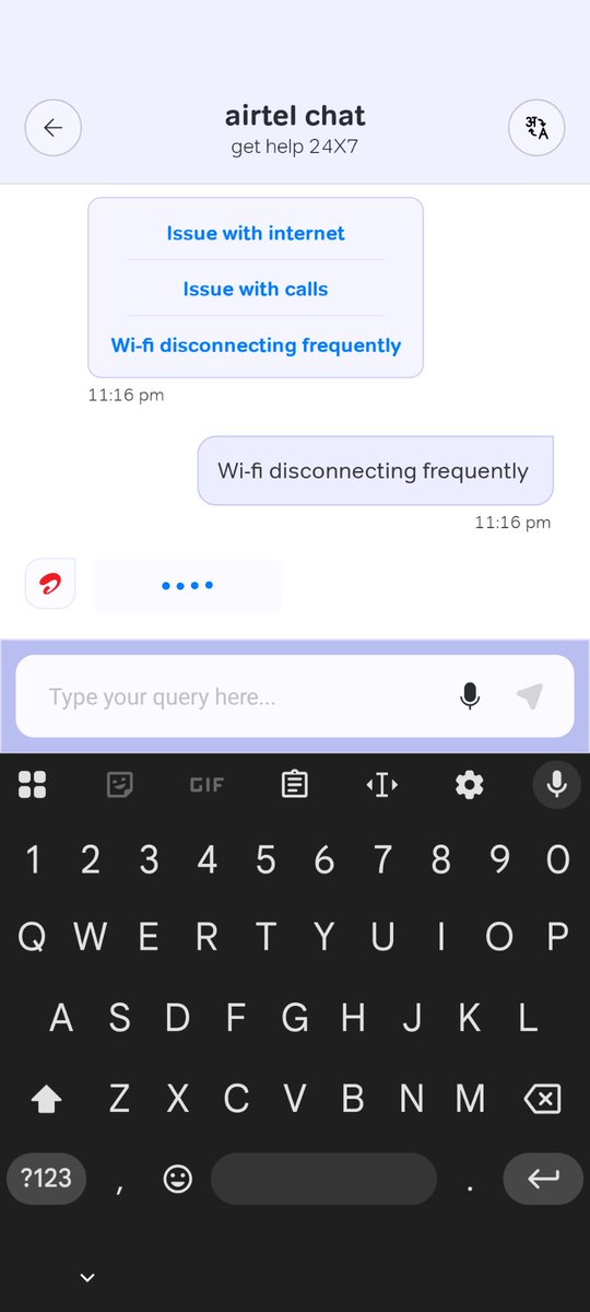 cata_utsav's tweet photo. @airtelindia facing wifi connectivity issues since morning. It keeps disconnecting very frequently and your chatbot is also stuck on just loading. How can I get my wifi fixed? https://t.co/gncu3pO4bC