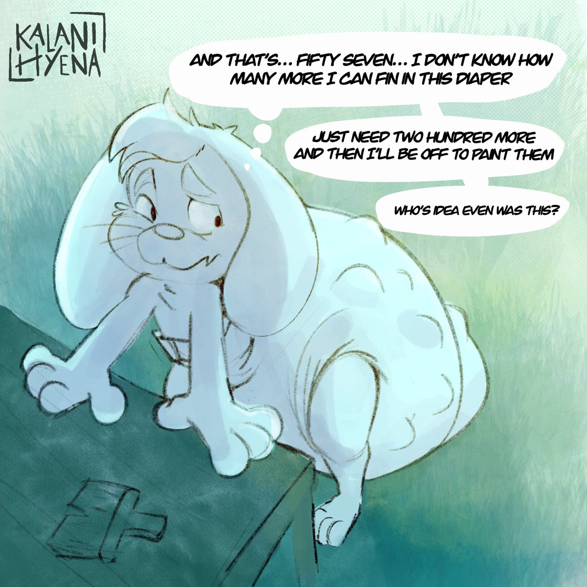 KalaniHyena's tweet photo. Quick sketch I made for easter 🐰🥚

“I hate that I have to do this every year but hey, at least these diapers hold up” ☁️

#babyfur #abdl #diaperfur #furry #furryartist https://t.co/UzvWWX3SP5