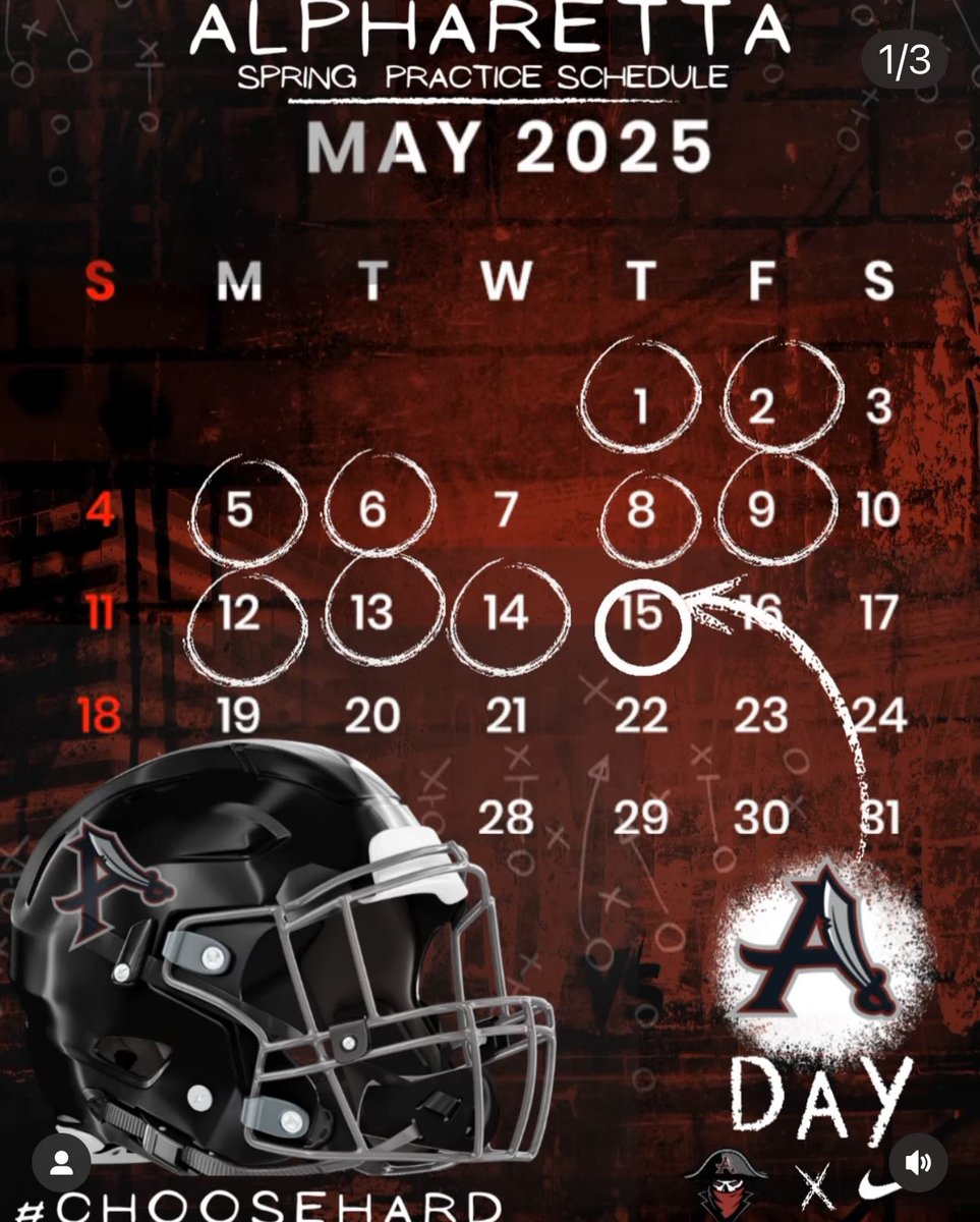 Alpharetta Raiders Football (@ahsfootball) on Twitter photo 9 days until Spring ball 🏴☠️
#CHOOSEHARD
<a href="/CoachLandis22/">Brian Landis</a> <a href="/coach__billings/">Travis Billings, Ed. S</a>
<a href="/RonnieJankovich/">Ronnie Jankovich</a> <a href="/FellsWillie/">Willie fells</a> <a href="/_jakesimpson17/">Coach Simpson</a> <a href="/BGrubbs66/">Ben Grubbs</a> <a href="/RaiderSport/">Alpharetta Raiders</a> <a href="/AHSJrRaiderFB/">JrRaiderFootball</a> <a href="/RecruitGeorgia/">Recruit Georgia</a> @On3Recruits <a href="/ghsafootball/">GHSA FOOTBALL</a> <a href="/Rivals/">Rivals</a>
*Practices from 4:30p- 6:30p 9 days until Spring ball 🏴☠️
#CHOOSEHARD
<a href="/CoachLandis22/">Brian Landis</a> <a href="/coach__billings/">Travis Billings, Ed. S</a>
<a href="/RonnieJankovich/">Ronnie Jankovich</a> <a href="/FellsWillie/">Willie fells</a> <a href="/_jakesimpson17/">Coach Simpson</a> <a href="/BGrubbs66/">Ben Grubbs</a> <a href="/RaiderSport/">Alpharetta Raiders</a> <a href="/AHSJrRaiderFB/">JrRaiderFootball</a> <a href="/RecruitGeorgia/">Recruit Georgia</a> @On3Recruits <a href="/ghsafootball/">GHSA FOOTBALL</a> <a href="/Rivals/">Rivals</a>
*Practices from 4:30p- 6:30p