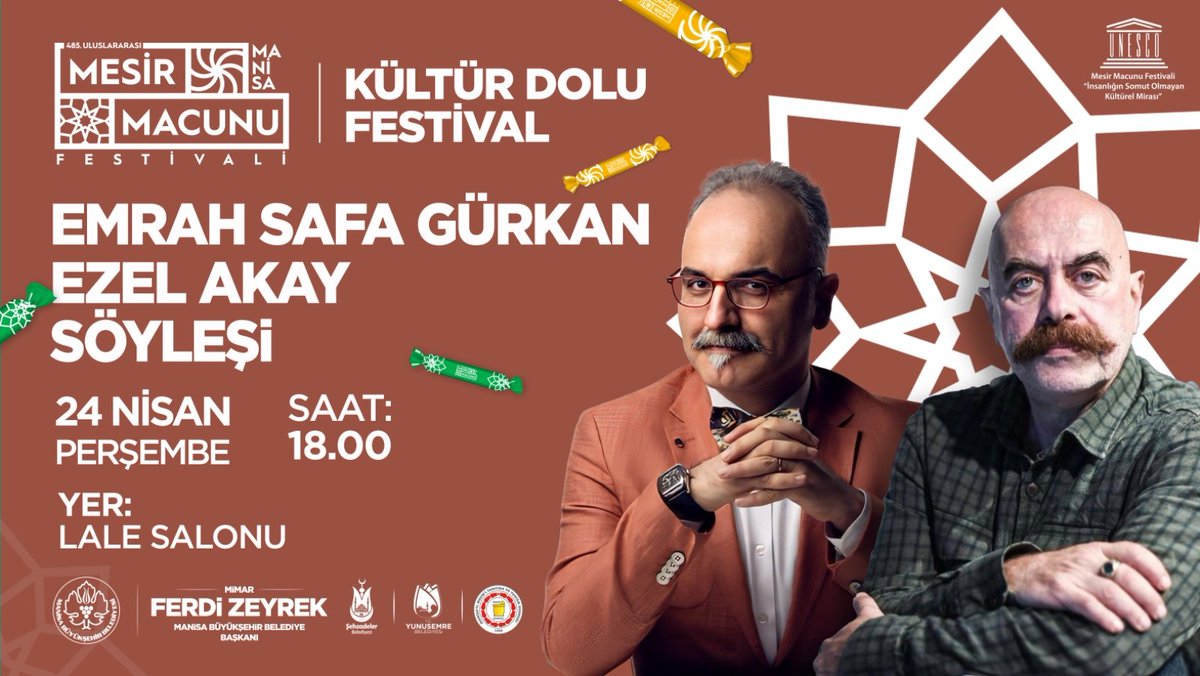485. Mesir Macunu Festivali kapsamında Tarihçi - Yazar Emrah Safa Gürkan ve Yönetmen, senarist Ezel Akay ile birlikte "Tarihin Geleceği Geleceğin Tarihi" adlı söyleşide Manisa'lılar ile buluşacağız. Tüm halkımız davetlidir...
#manisa #mesir #mesirmacunu #festival #söyleşi