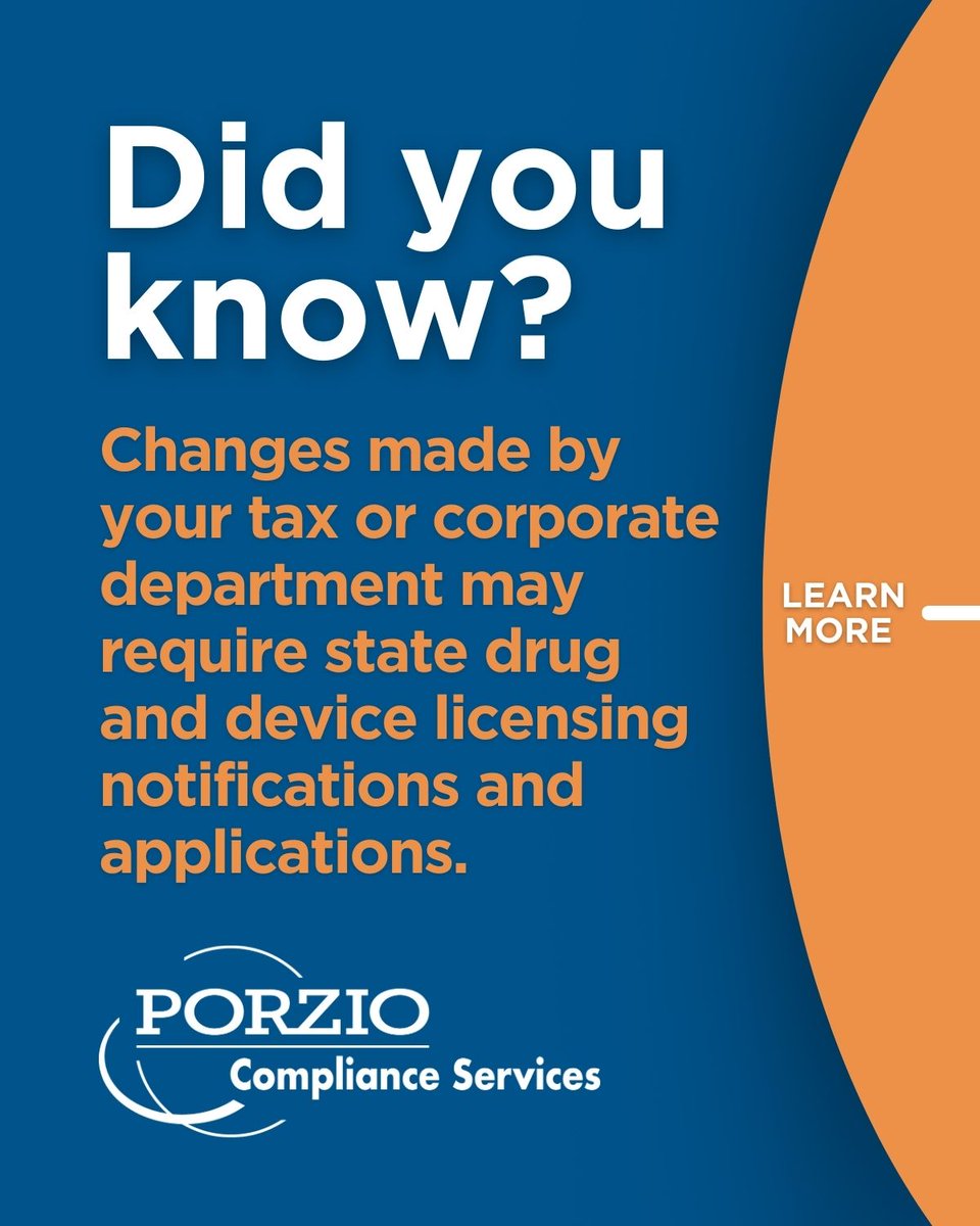 PorzioCS's tweet image. Changes by your tax or corporate team may require state drug and device licensing notifications and applications. Failing to update promptly can disrupt distribution. Stay compliant &amp;amp; avoid issues—learn how we can help: bit.ly/41R9d2s #DrugDistribution #DeviceLicensing