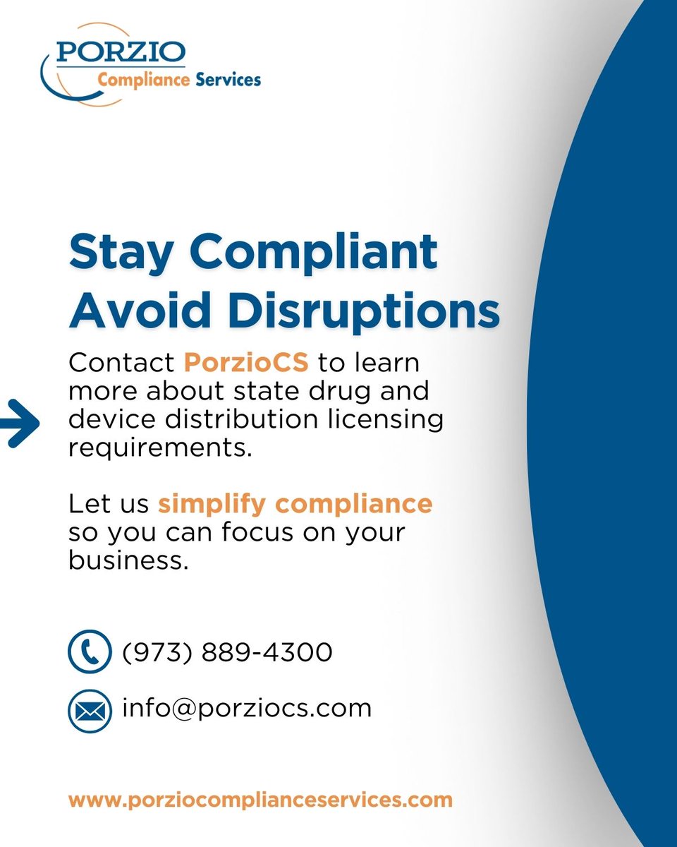 PorzioCS's tweet image. Changes by your tax or corporate team may require state drug and device licensing notifications and applications. Failing to update promptly can disrupt distribution. Stay compliant &amp;amp; avoid issues—learn how we can help: bit.ly/41R9d2s #DrugDistribution #DeviceLicensing