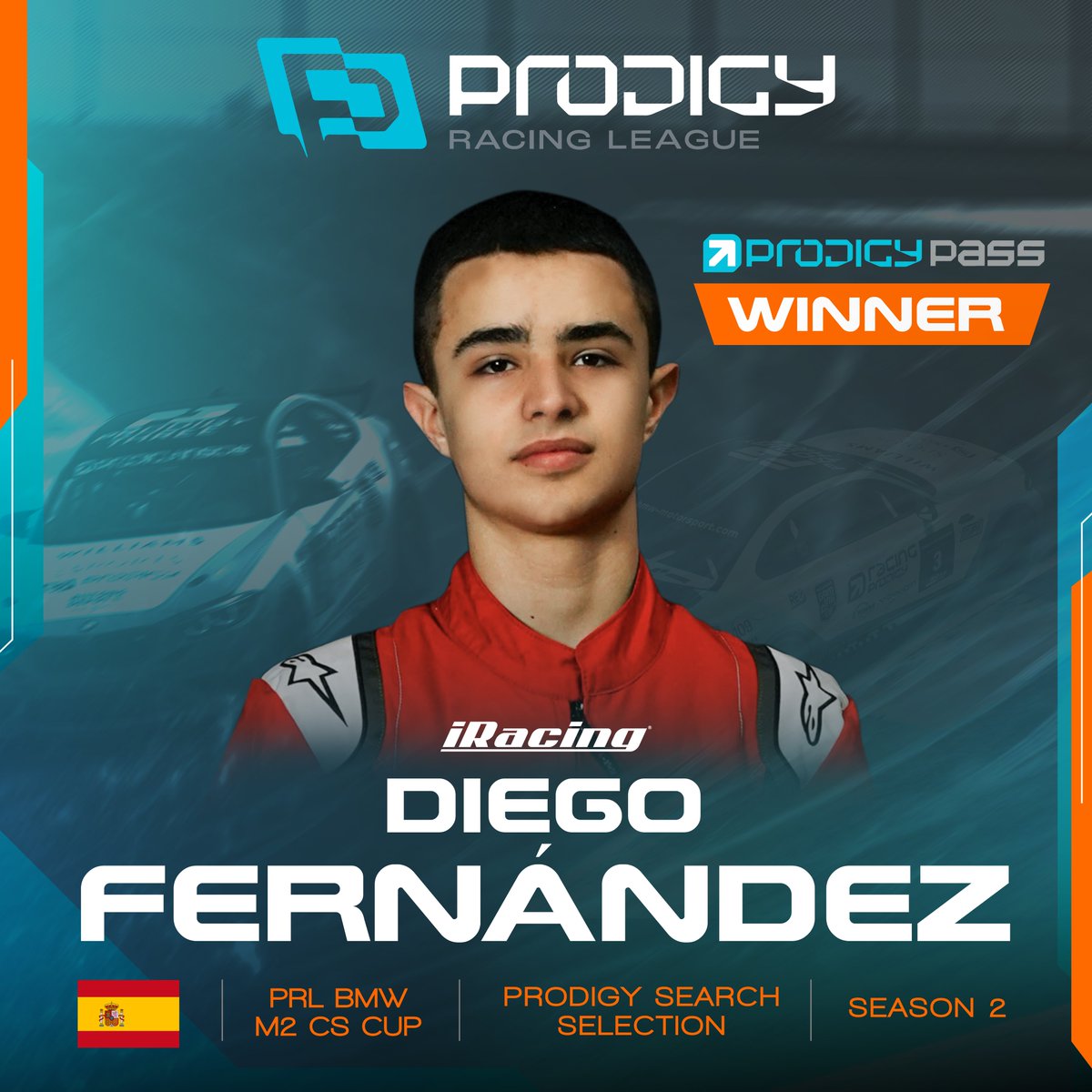 Racing Prodigy (@racingprodigy1) on Twitter photo Congratulations to our newest Season 2 Prodigy Pass Winner, <a href="/Diego_Fx2/">Diego Fernández</a> !
Diego was awarded a Prodigy Pass by judges <a href="/barbosaracing/">João Barbosa</a> and Random CallSign, earning it live on the PRL iRacing BMW M2 CS Cup Prodigy Search Show on April 20th!
We’ll see Diego at Season 2’s Prodigy Congratulations to our newest Season 2 Prodigy Pass Winner, <a href="/Diego_Fx2/">Diego Fernández</a> !
Diego was awarded a Prodigy Pass by judges <a href="/barbosaracing/">João Barbosa</a> and Random CallSign, earning it live on the PRL iRacing BMW M2 CS Cup Prodigy Search Show on April 20th!
We’ll see Diego at Season 2’s Prodigy