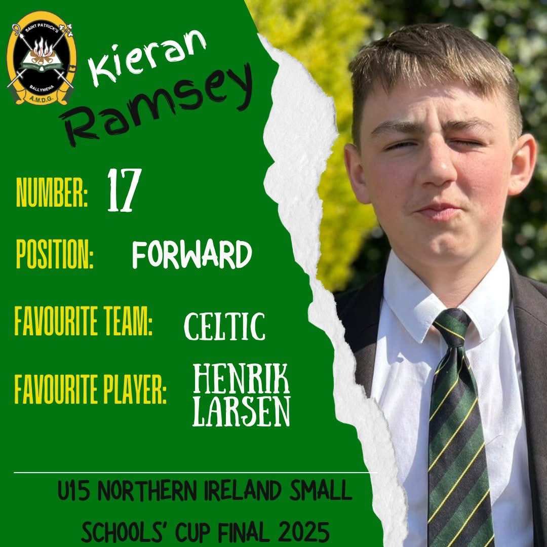 The next part of meet our U15 team includes:

Aksel Sony 
Kane McNeill
Kieran Ramsey 

#NISmallSchoolsCupFinal 

#SPC 🟢⚫️
