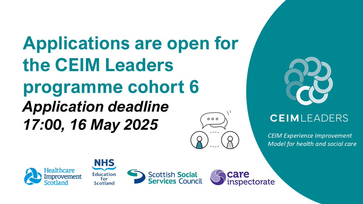 Diane Graham (@dgmfg) on Twitter photo APPLICATIONS OPEN: CEIM Leaders cohort 6
If you're interested in coaching care or support teams to improve services by listening and actively responding to feedback go to: hisengage.scot/equipping-prof… <a href="/PersonCntrdSco/">Person-Centred Scot</a> <a href="/jeanahpm/">Dr Jean Mcqueen</a> @SSSCPaula <a href="/LisaMImprove/">Lisa Maynard 💚🤍💜</a> <a href="/CareInspect/">Care Inspectorate</a> <a href="/online_his/">Healthcare Improvement Scotland</a> APPLICATIONS OPEN: CEIM Leaders cohort 6
If you're interested in coaching care or support teams to improve services by listening and actively responding to feedback go to: hisengage.scot/equipping-prof… <a href="/PersonCntrdSco/">Person-Centred Scot</a> <a href="/jeanahpm/">Dr Jean Mcqueen</a> @SSSCPaula <a href="/LisaMImprove/">Lisa Maynard 💚🤍💜</a> <a href="/CareInspect/">Care Inspectorate</a> <a href="/online_his/">Healthcare Improvement Scotland</a>