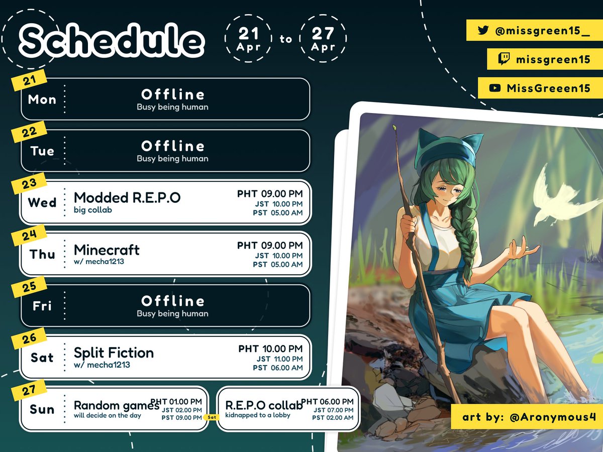 missgreen15_'s tweet photo. ❗️Schedule of the week❗️
Back to reality but the grind doesn't stop! Although with some breaks in between, I hope ya'll can come watch me and friends on these days!
⭐️Layout by @/NikkiGZ0
💫Scheduler by @/chrone_co
🐾Art by @/aronymous4
#MurLive #PHVtuber #ENVtuber https://t.co/kA5jMroj6y