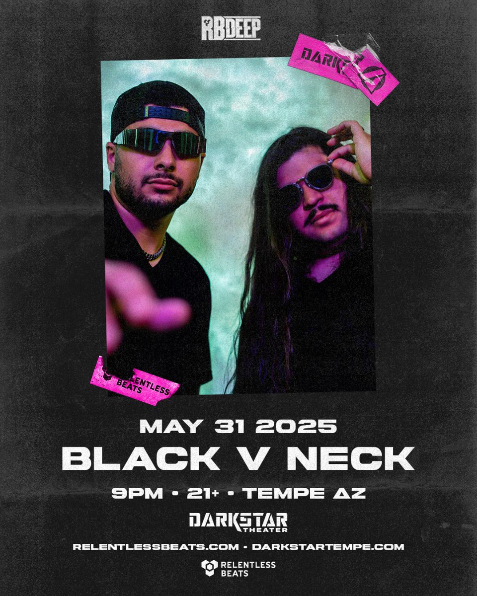 #JustAnnounced ⚔️🩸 @blackvneckmusic storms into Darkstar on May 31 for a night of dark grooves, thumping beats, and absolutely zero chill.  

Get ready to lose yourself in the shadows—tickets on sale now at tixr.com/e/140498 🎟️  
#BlackVNeck #Darkstar #RelentlessBeats