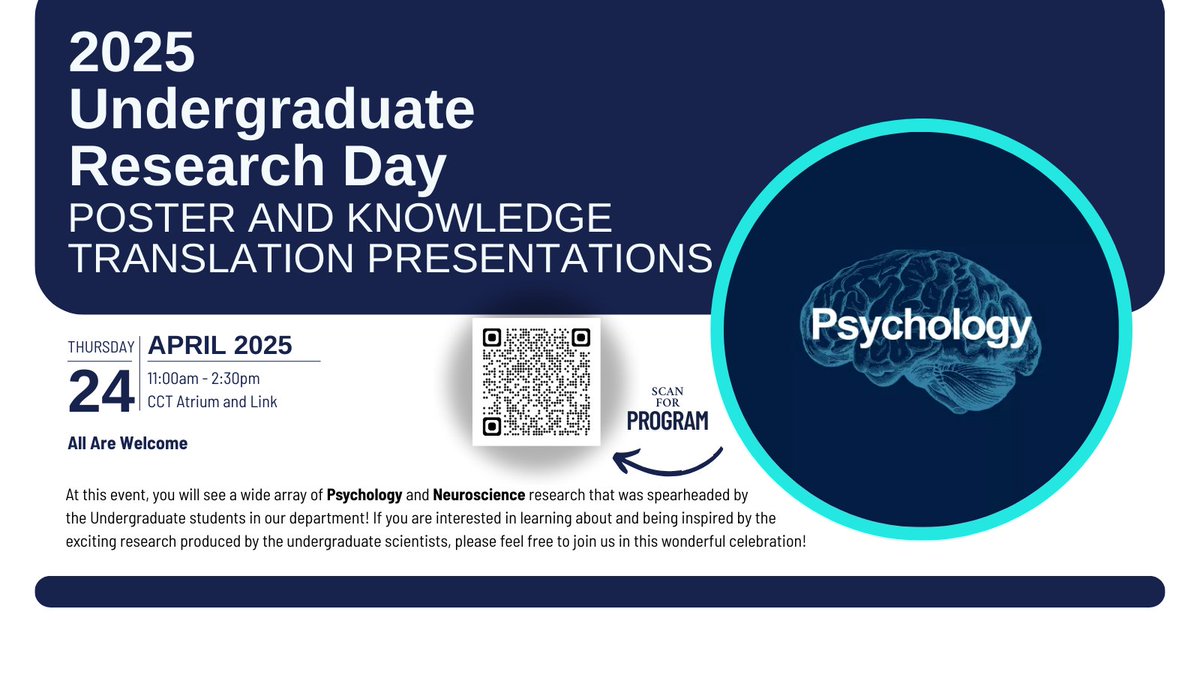 UTMPsychology (@utmpsychology) on Twitter photo We are excited to announce that 2025 Undergraduate Research Day: Poster and Knowledge Translation presentations will take place at 11am -2:30 pm on April 24th (Thu) at the CCT Atrium and Link. Scan for program. We are excited to announce that 2025 Undergraduate Research Day: Poster and Knowledge Translation presentations will take place at 11am -2:30 pm on April 24th (Thu) at the CCT Atrium and Link. Scan for program.