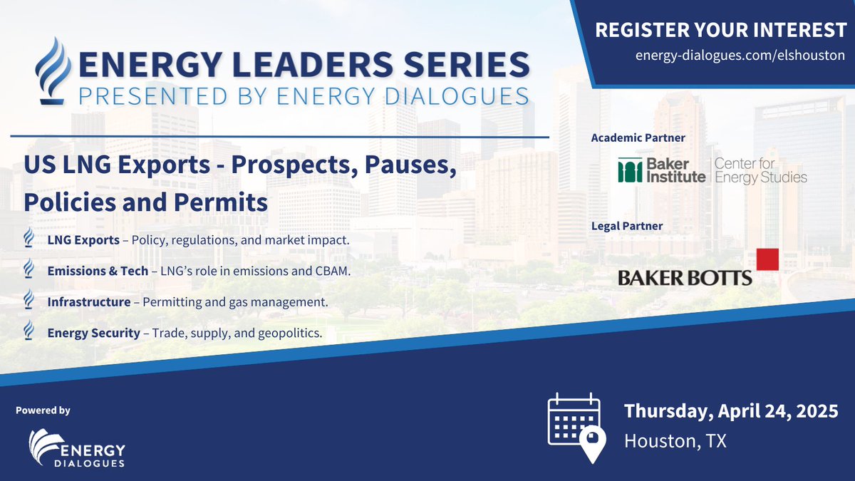 Energy Dialogues (@energy_dialogue) on Twitter photo The Energy Leaders Series by <a href="/EnergyDialogues/">Phyllis Krug</a> heads to Houston this Thursday, April 24. Focus: US #LNG exports—prospects, pauses, permits & policy. In partnership with <a href="/BakerInstitute/">Baker Institute</a> & @BakerBotts.
🔗 hubs.ly/Q03j5s740
#EnergyPolicy #HoustonEnergy The Energy Leaders Series by <a href="/EnergyDialogues/">Phyllis Krug</a> heads to Houston this Thursday, April 24. Focus: US #LNG exports—prospects, pauses, permits & policy. In partnership with <a href="/BakerInstitute/">Baker Institute</a> & @BakerBotts.
🔗 hubs.ly/Q03j5s740
#EnergyPolicy #HoustonEnergy