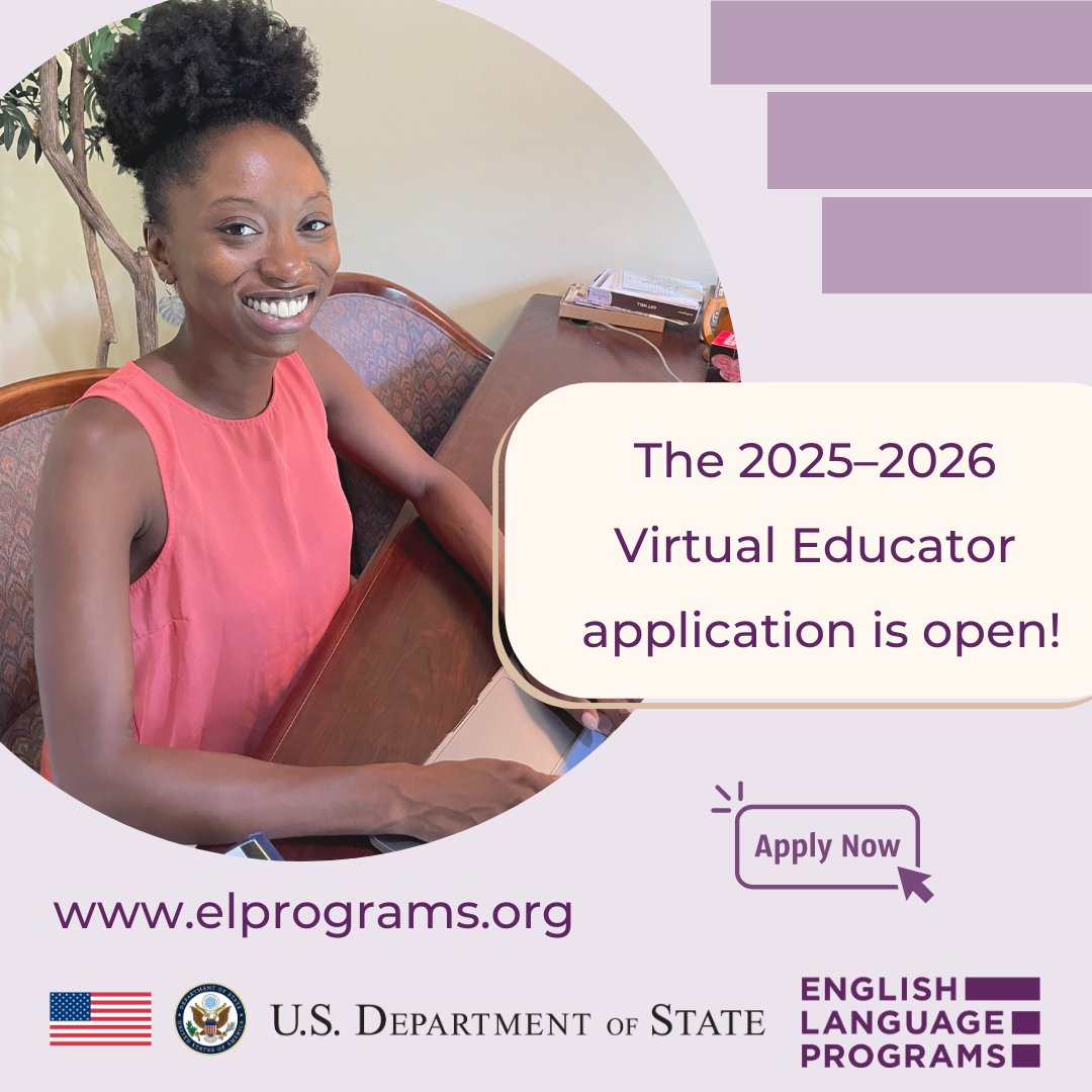 The 2025-2026 Virtual English Language Educator Application is open! Don't miss this opportunity — elprograms.org apply today! 
#ELVirtualEducator #ExchangeOurWorld