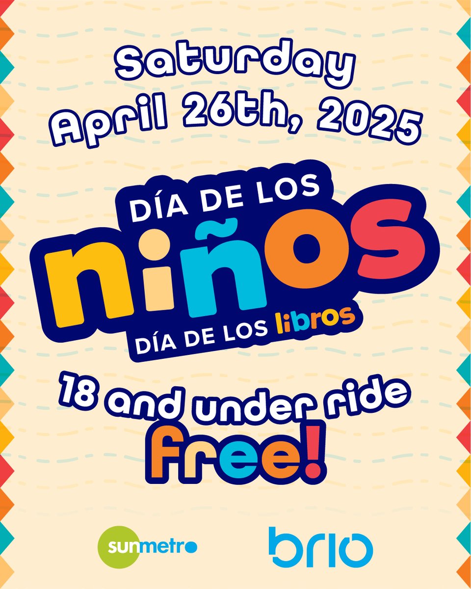 To celebrate Día de los Niños/Día de los Libros Saturday, April 26, 2025, passengers 18 and under ride Sun Metro for free!

#diadelosninos #diadeloslibros #EPTX #TryTransit