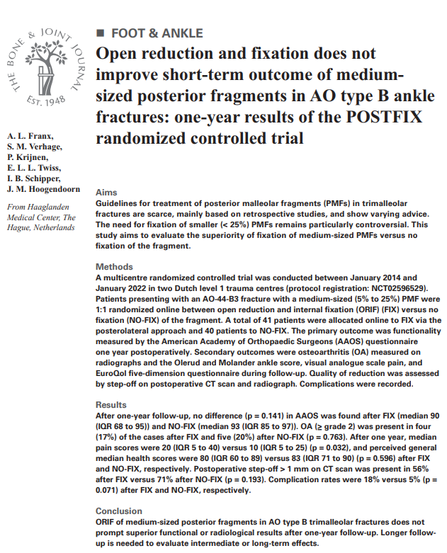 Guidelines for the treatment of medium-sized posterior malleolar fractures in trimalleolar ankle fractures are scarce and show varying advice.

#AnkleFracture #ORIF #Trauma

ow.ly/jW6w50VzNj8