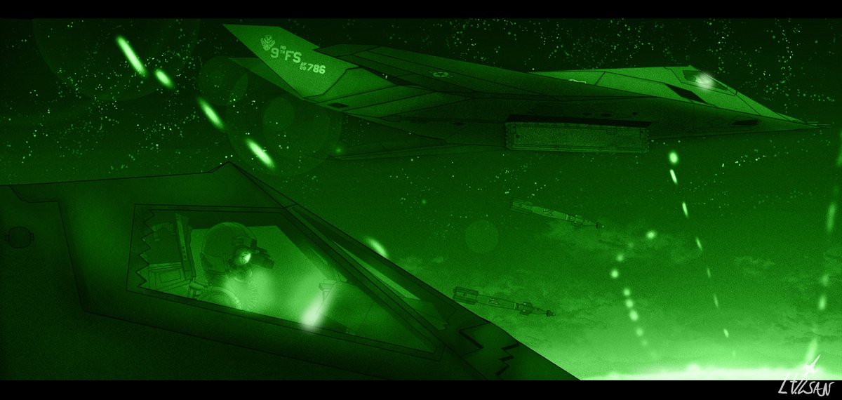Just a Night Vision Version of the piece (tried nailing the effect but early 90s NVGs are aaass so i didnt wanna make it look like black shapes and green lmao)
Big thanks to <a href="/Paperboathat/">Jason Dao</a> for showing me how it's done :)
_
-
-
#AnimeArt #AviationArt #Anime