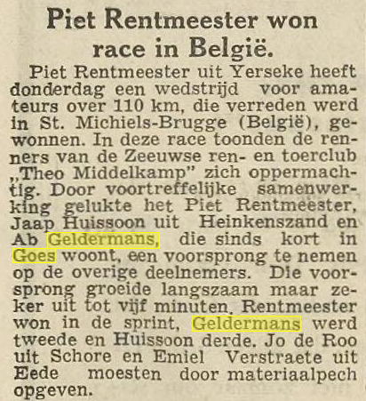 Wat weinig mensen weten is dat de afgelopen weekend overleden Ab Geldermans in 1957 in Goes woonde omdat hij, toen nog amateur, dichterbij de koersen wilde wonen.