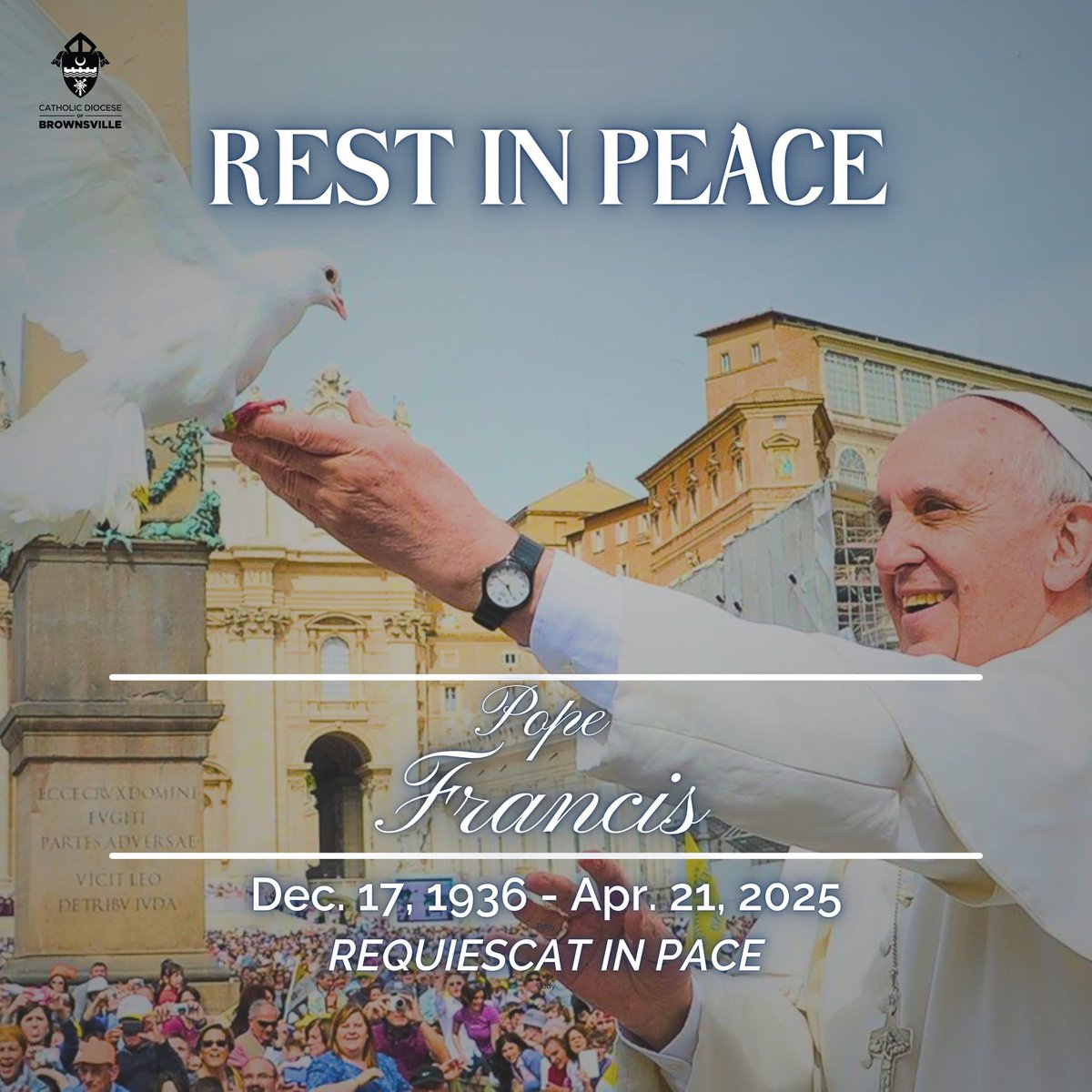 With a saddened heart, today we mourn the passing of Pope Francis. Let us pray for his eternal rest.  
Eternal rest, grant unto him, O Lord, and let perpetual light shine upon him. May he rest in peace.