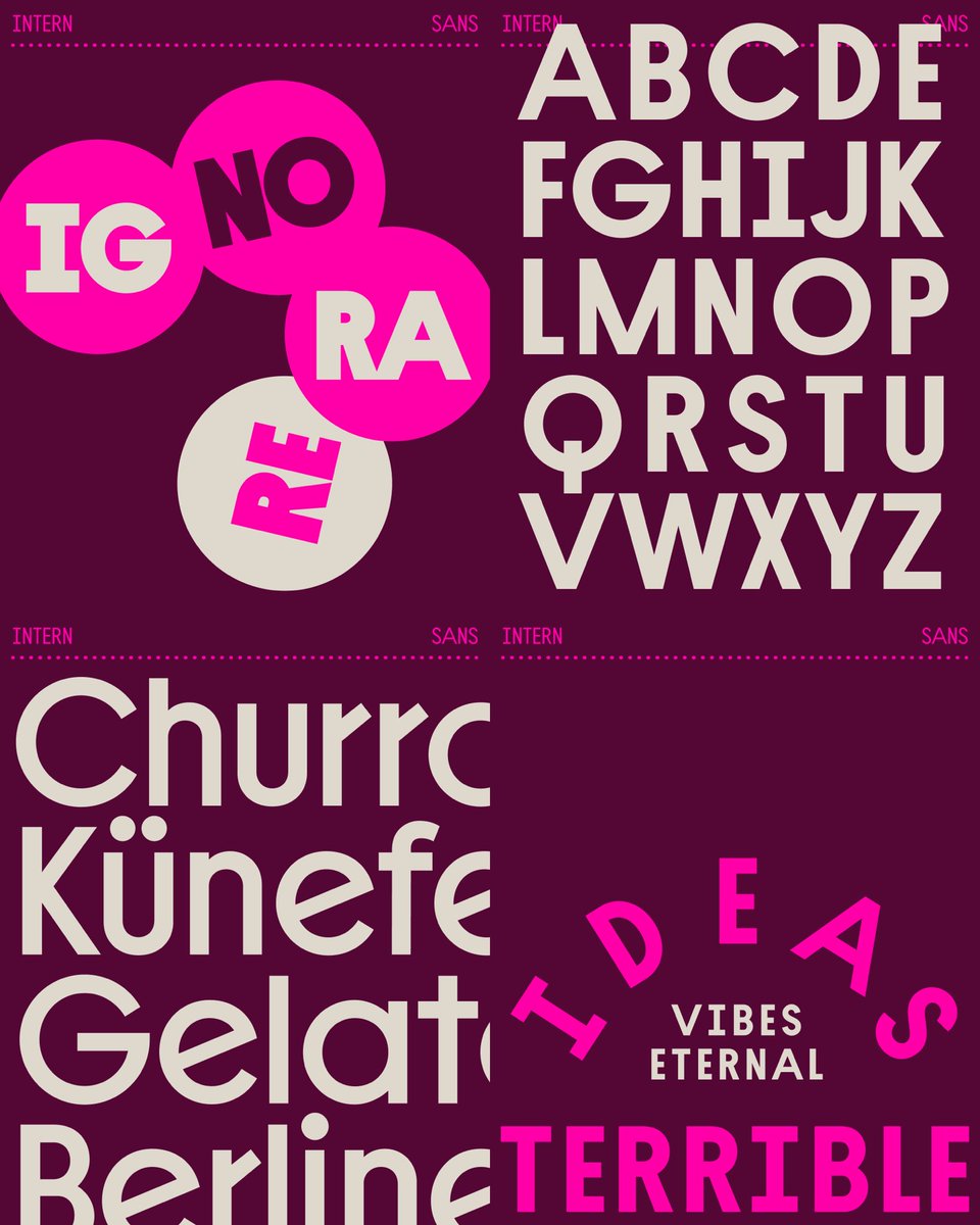 Intern Sans is now available at elementtype.co 🥹 Get a trial now (like, right now)! Intern project started as a practice on building type families with grid based geometric parts and evolved into a friendly geometric sans. Now available with sans and color options 🥨🍬