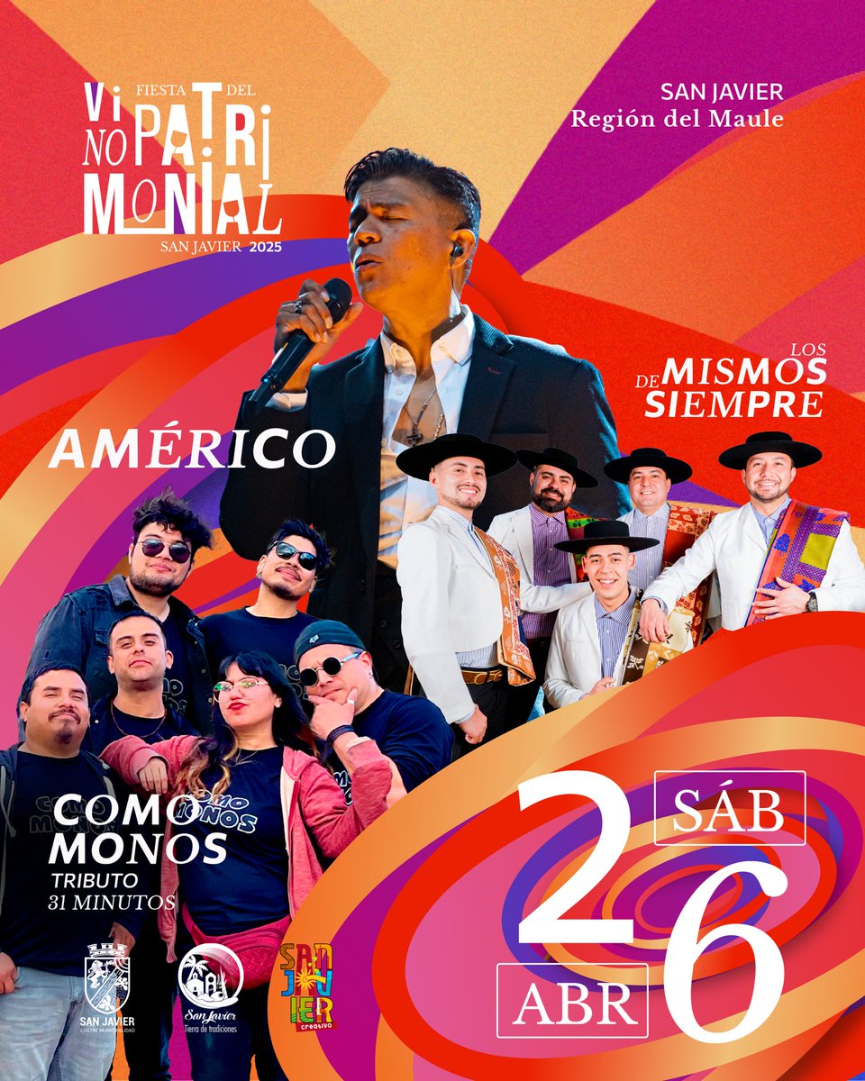 🍇🇨🇱 ¡San Javier, Capital del Vino Patrimonial, está de fiesta!

#Américo, Los Mismos de Siempre y Como Monos (Tributo a 31 Minutos) serán parte de esta gran celebración que rescata lo mejor de nuestra tierra viñatera.

🙌 ¡No faltes!

#FiestaDelVinoPatrimonial #SanJavier
