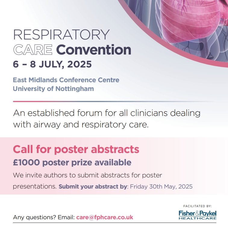 Abstract submissions for Respiratory Care Convention 2025 are open! Don't miss the opportunity to present your projects, with a £1000 poster prize available towards education. For more information, email: care@fphcare.co.uk